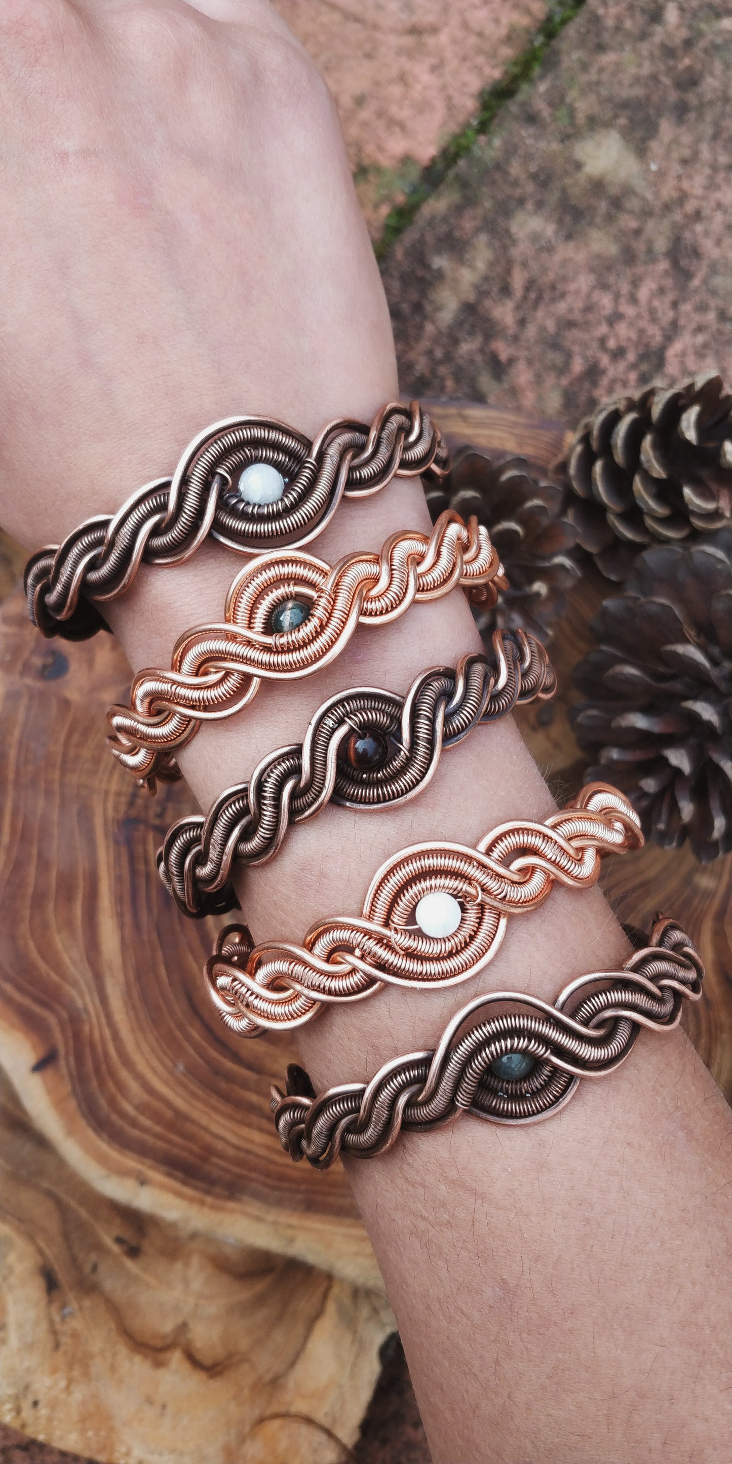 Antiqued pure copper bracelet featuring White Moonstone - Celtic Weavings