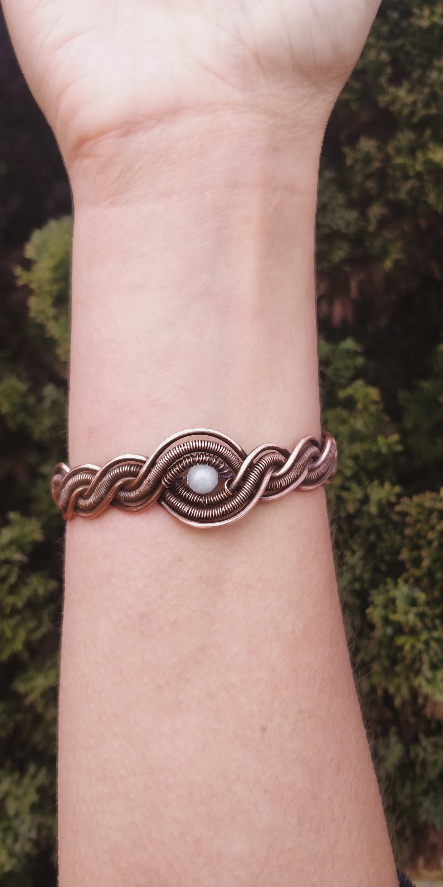 Antiqued pure copper bracelet featuring White Moonstone - Celtic Weavings