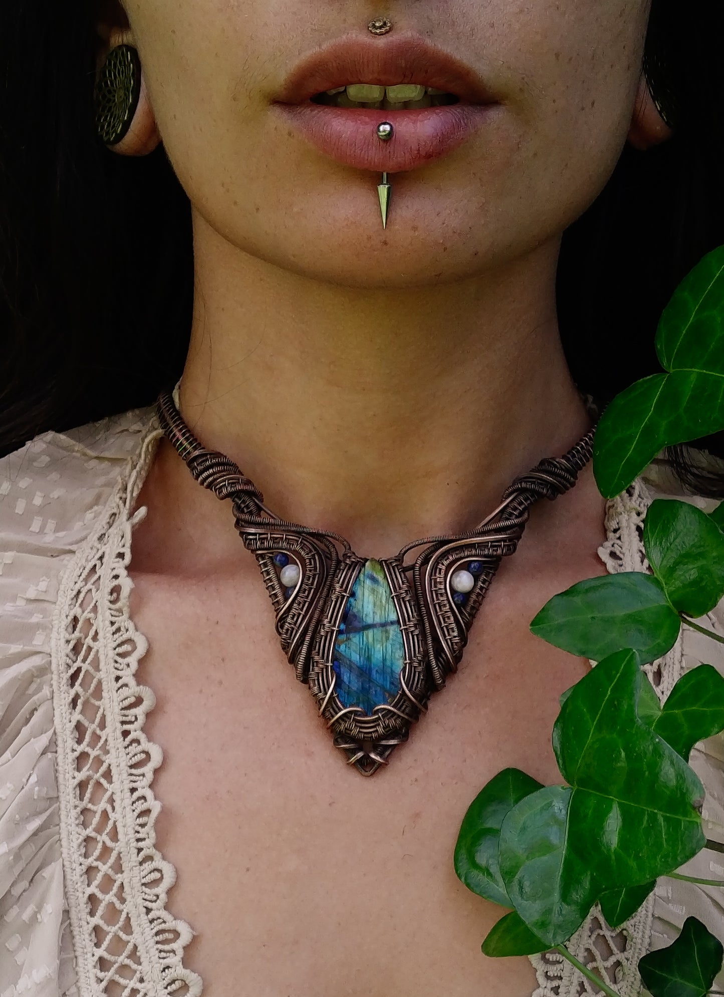 Labradorite, Selenite and Lapis Choker