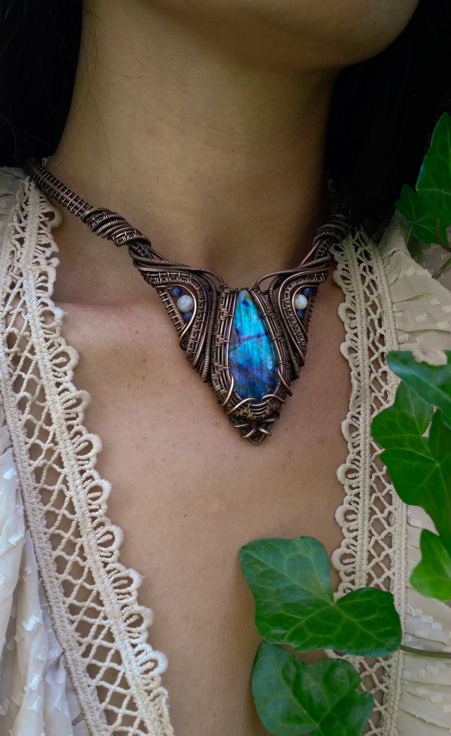 Labradorite, Selenite and Lapis Choker